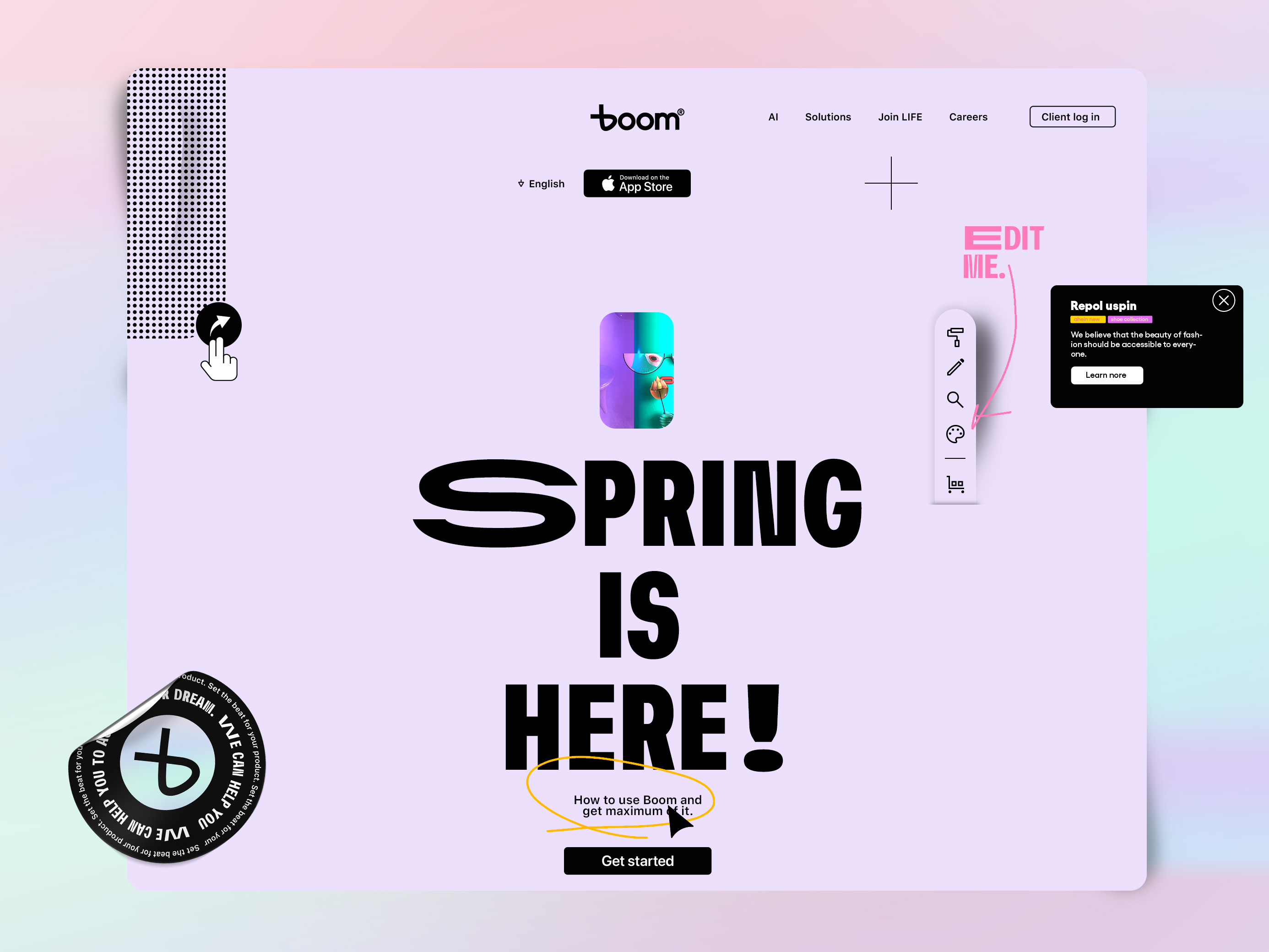 The work was performed for Boom and showcase some of the new identity elements and patterns that form a design system.