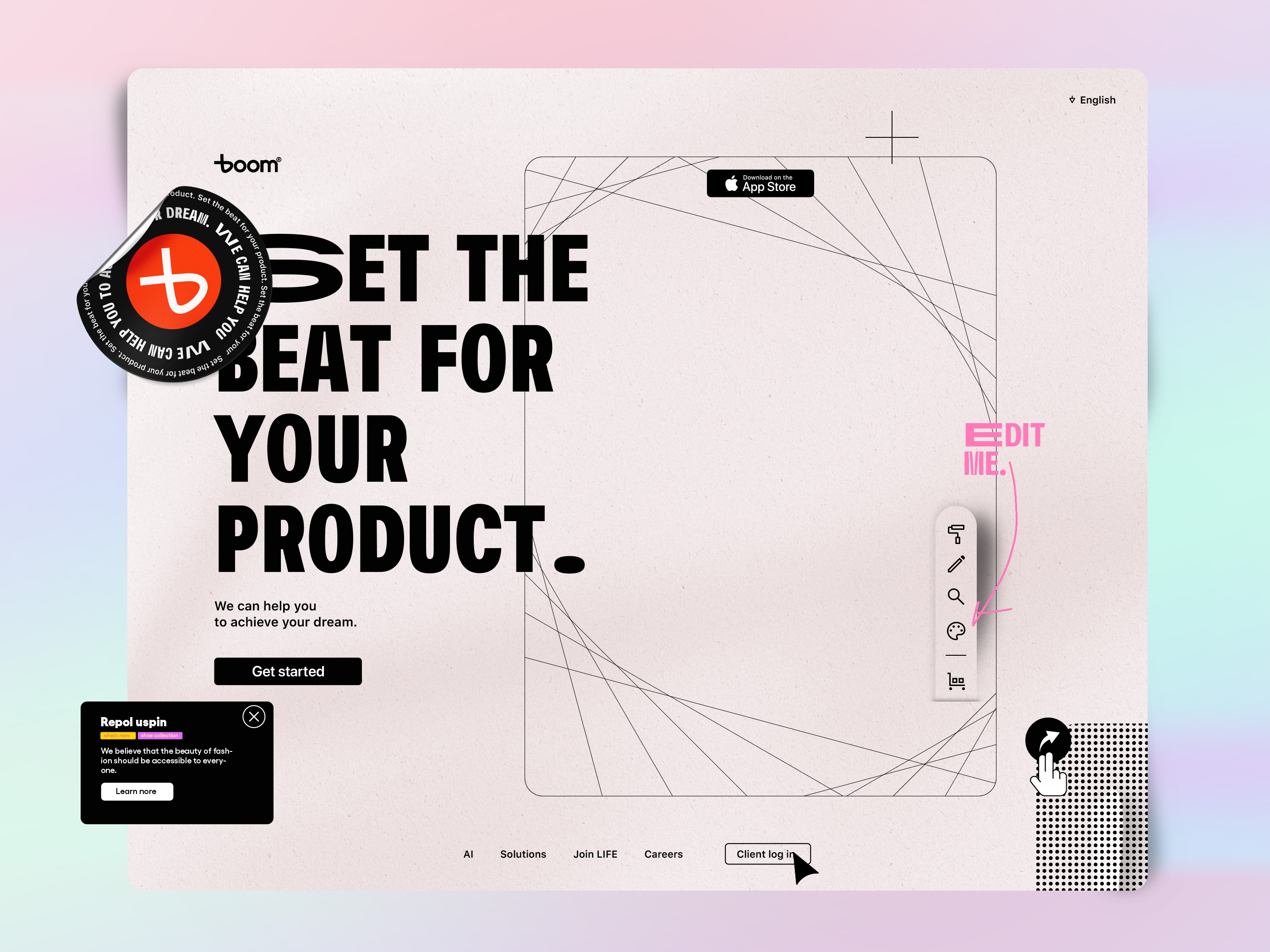 The work was performed for Boom and showcase some of the new identity elements and patterns that form a design system.